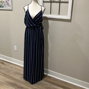 Scobe blue white striped front wrapped dress side split 5G